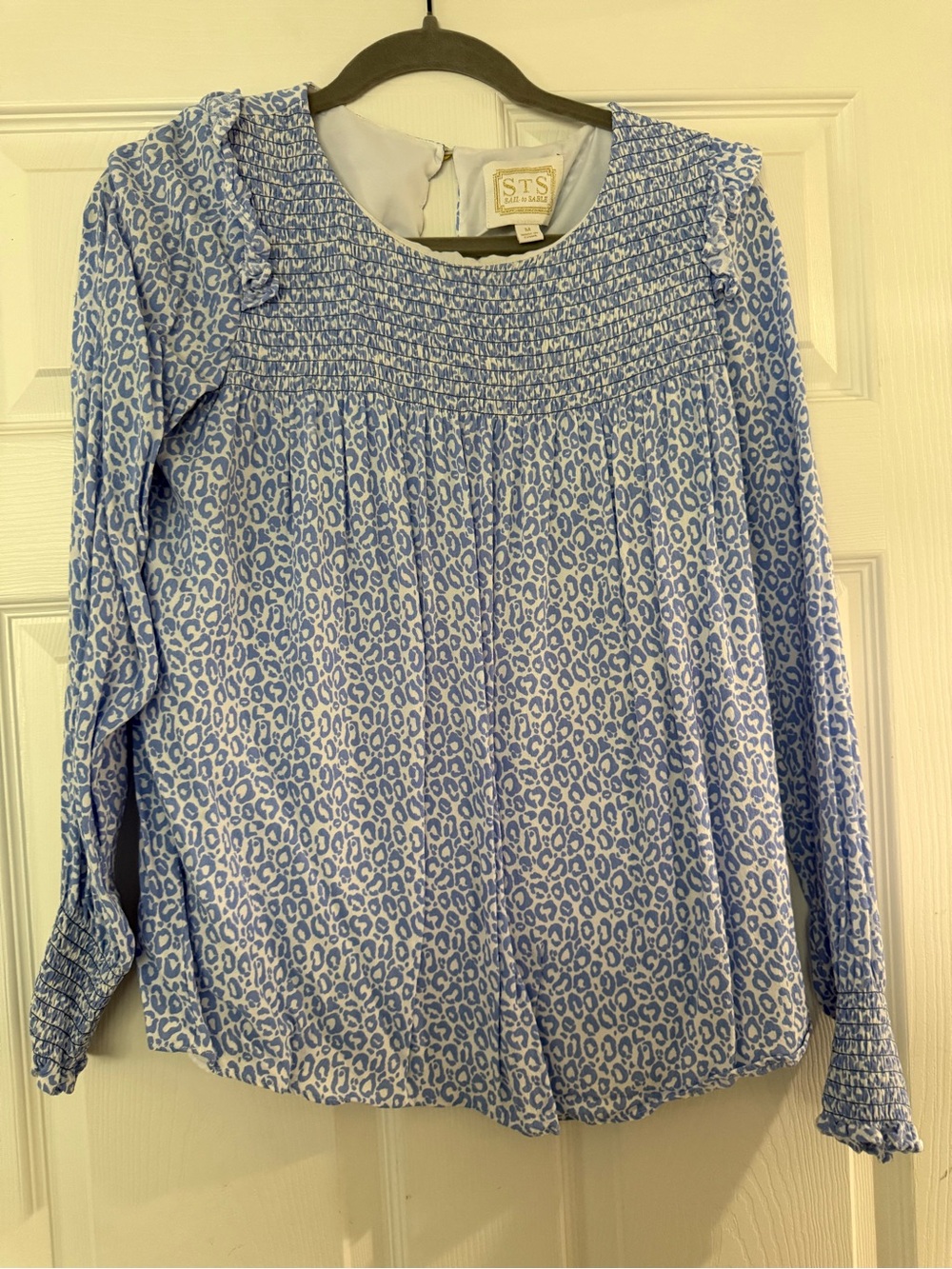 Sail to Sable Light Blue Leopard-Print Smocked Long Sleeve Top